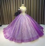 Purple Off The Shoulder Ball Gown Bling Bling Prom Dress