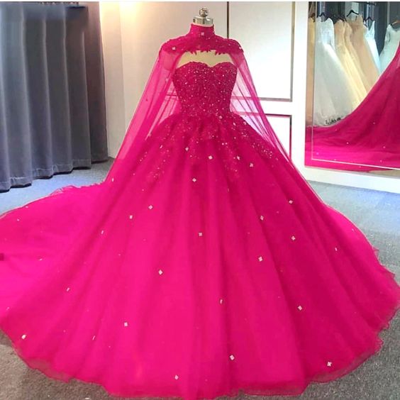 Hot Pink Detachable Cape Quinceanera Sweet 16 Ball Gown Prom Dress jkprom Hot Pink Detachable Cape Quinceanera Sweet 16 Ball Gown Prom Dress jkprom