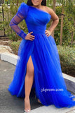 A Line One Long Sleeves Bridesmaid Dresses,Royal Blue Tulle For Women High Split Wedding Guest Dress Party