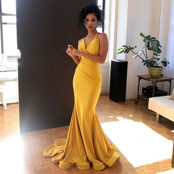 2022 Yellow Prom Dress V-Neck Sexy Mermaid Evening Gown,Maxi Dresses