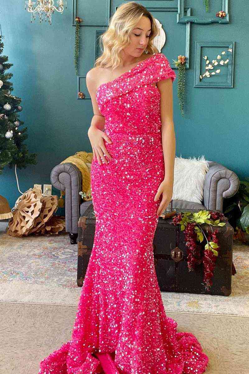 Sexy Mermaid One Shoulder Hot Pink Prom Dress Long jkprom Sexy Mermaid One Shoulder Hot Pink Prom Dress Long jkprom