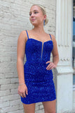 Straps Royal Blue Sequins Bodycon Homecoming Dresses
