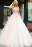 Light Pink V Neck Sleeveless Tulle Prom Dress with Flowers and Beads