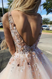 Light Pink V Neck Sleeveless Tulle Prom Dress with Flowers and Beads