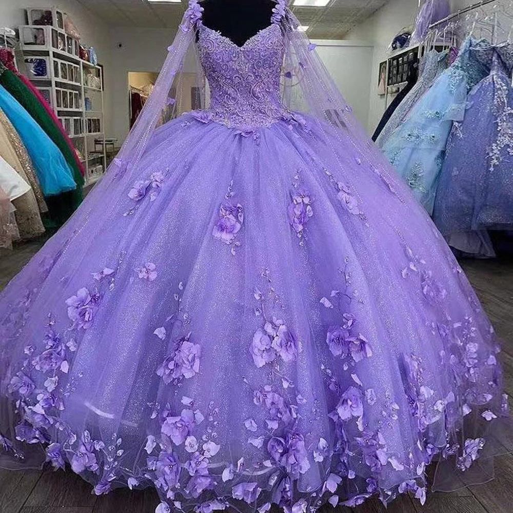 Lavender Flowers Sweetheart Ball Gown Quinceanera Dresses With Cape – jkprom Lavender Flowers Sweetheart Ball Gown Quinceanera Dresses With Cape – jkprom