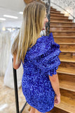 Royal Blue One Shoulder Puff Sleeve Sequins Sheath Cocktail Dress