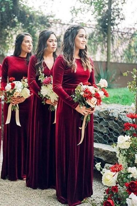 Modest Burgundy Bridesmaid Dresses with Long Sleeves jkprom Modest Burgundy Bridesmaid Dresses with Long Sleeves jkprom