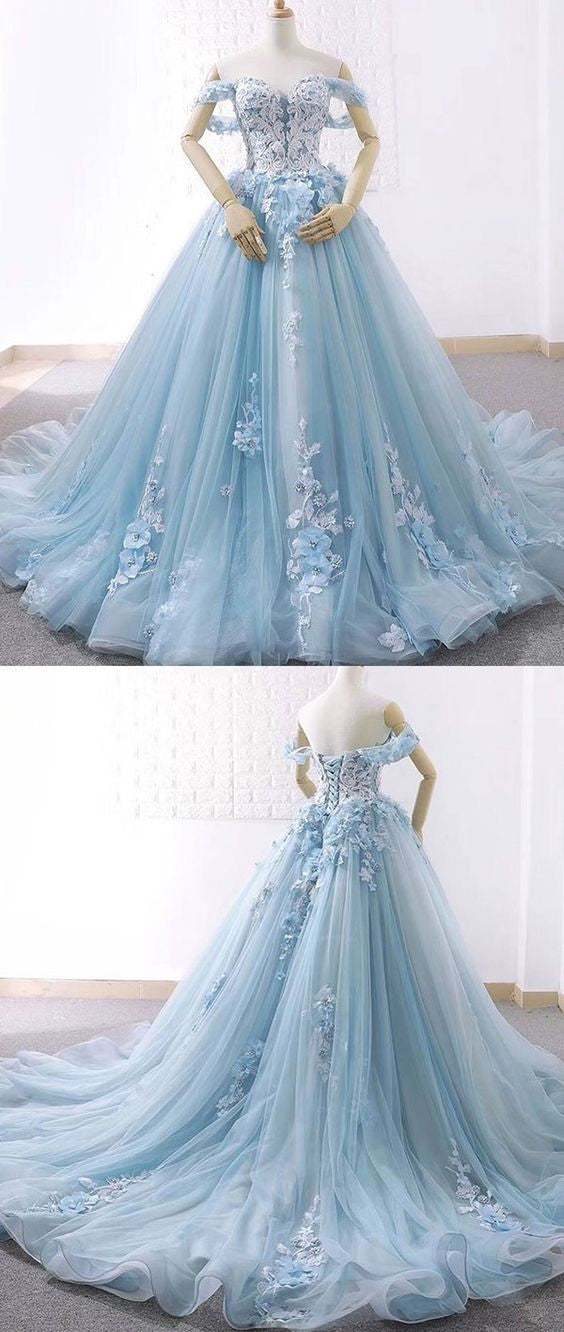 Light Blue Sweetheart Tulle Floral Ball Gowns Prom Dresses Birthday Gown