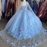 Lavender Flowers Tulle Sweetheart Ball Gown Quinceanera Dresses With Cape