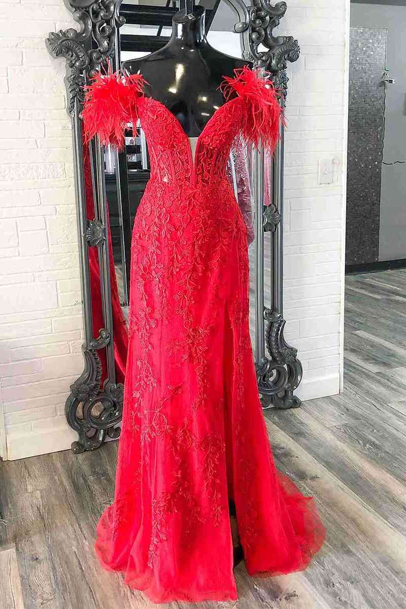 Plunging Red Feather Shoulder Long Prom Dress Evening Gown jkprom Plunging Red Feather Shoulder Long Prom Dress Evening Gown jkprom