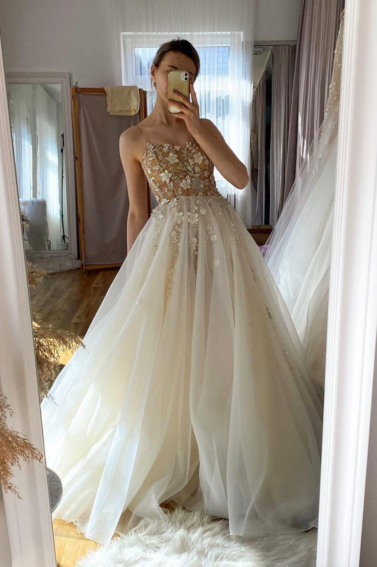 Romantic Wedding Dress Flowy Floral Long Tulle Formal Dress