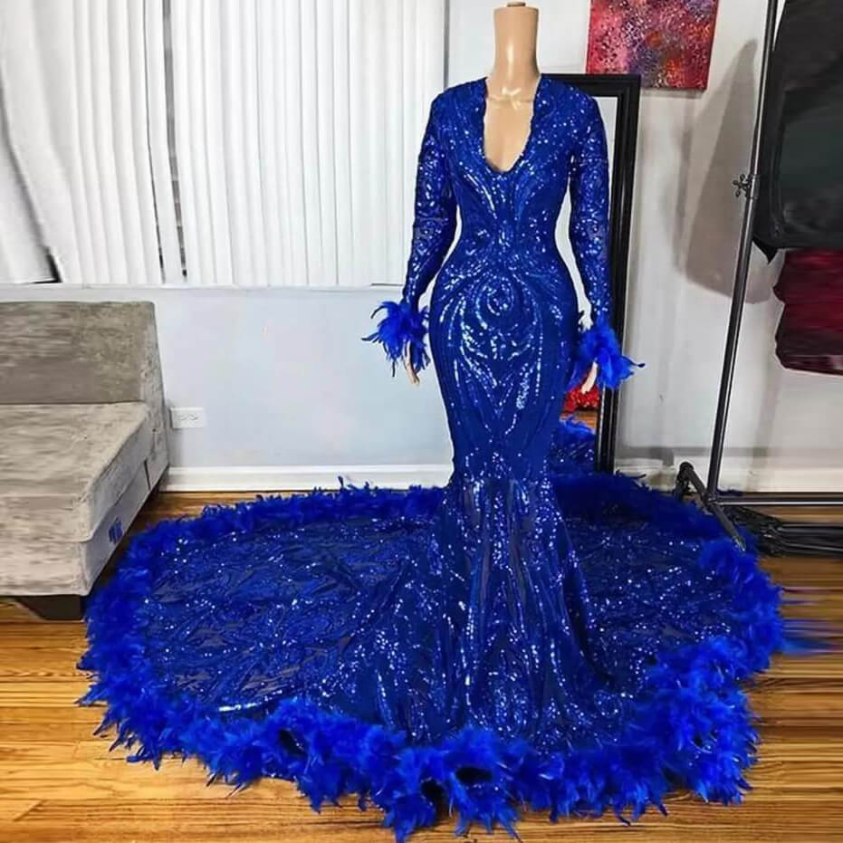 Sparkly Royal Blue Sequin Mermaid Prom Dresses with Feather jkprom Sparkly Royal Blue Sequin Mermaid Prom Dresses with Feather jkprom