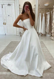 White Strapless Satin Long Prom Dresses,Simple Wedding Dress