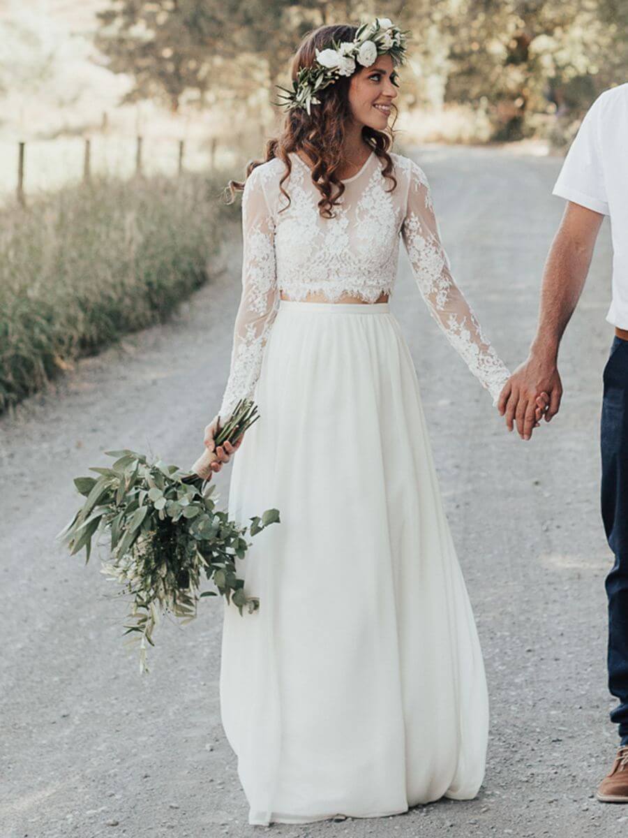 Rustic Lace Top Bridal Long Sleeve Two Piece Wedding Dress jkprom Rustic Lace Top Bridal Long Sleeve Two Piece Wedding Dress jkprom