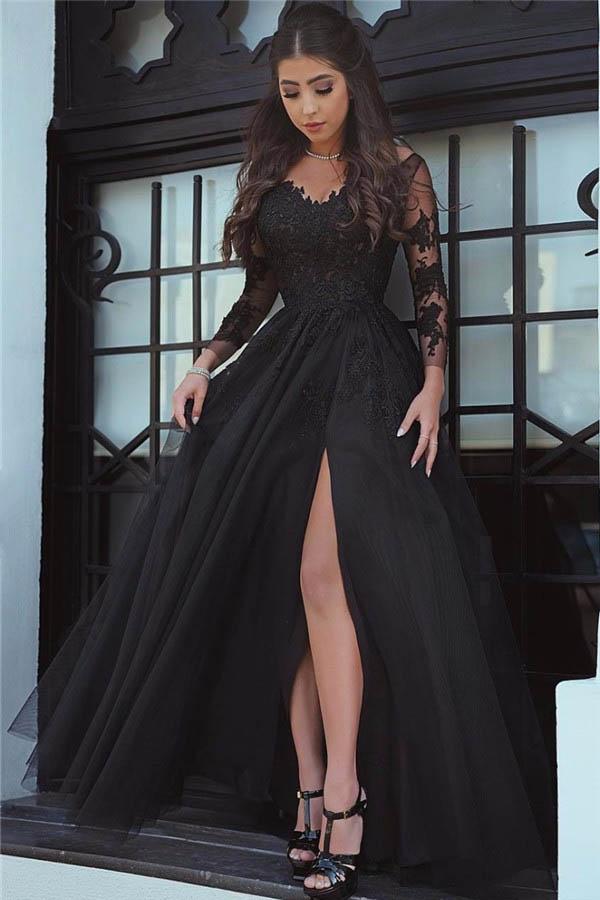 Glamorous Lace Black Long Sleeve Evening Dress Leg Split jkprom Glamorous Lace Black Long Sleeve Evening Dress Leg Split jkprom