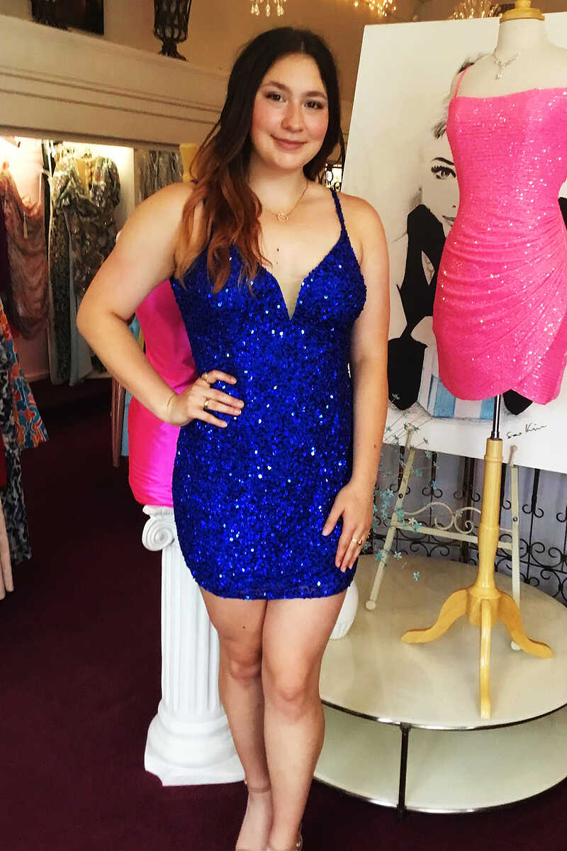 Royal Blue Sequin Bodycon Short Cocktail Dresses for Wedding jkprom Royal Blue Sequin Bodycon Short Cocktail Dresses for Wedding jkprom