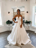 Strapless Plunging V Satin Wedding Dresses with Pockets,Long Bridal Dress with Train