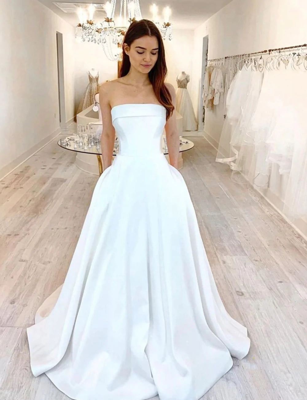 White Satin Long Wedding Dresses with Pockets Evening Dress jkprom White Satin Long Wedding Dresses with Pockets Evening Dress jkprom