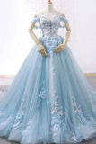 Light Blue Sweetheart Tulle Floral Ball Gowns Prom Dresses