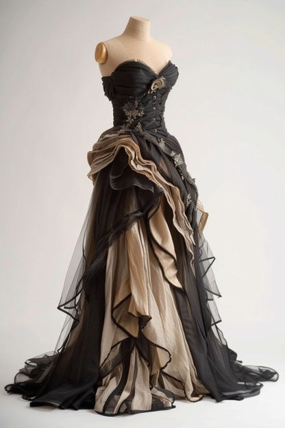Black Tulle Long Prom Dresses Gothic Evening Dress
