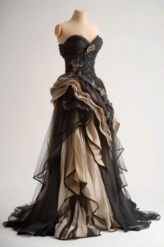 Black Tulle Long Prom Dresses Gothic Evening Dress