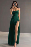 Simple Spaghetti Strap Long Prom Dress with Slit Open Back