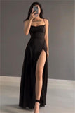 Simple Spaghetti Strap Long Prom Dress with Slit Open Back