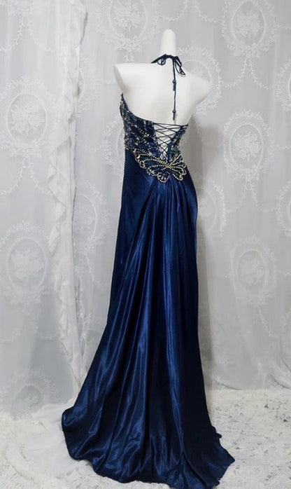 Navy Blue Halter Beaded Prom Dress Long Evening Dresses
