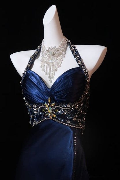 Navy Blue Halter Beaded Prom Dress Long Evening Dresses