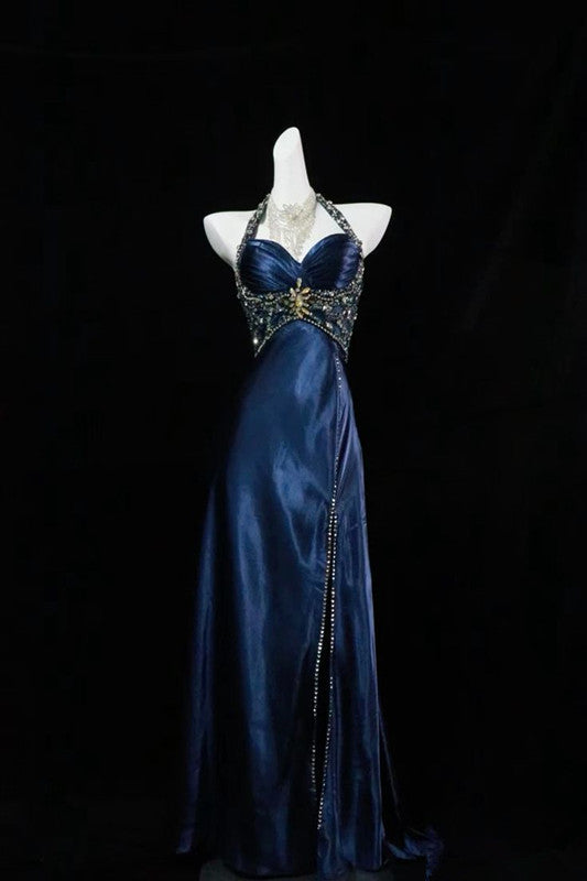 Navy Blue Halter Beaded Prom Dress Long Evening Dresses