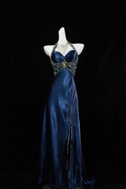Navy Blue Halter Beaded Prom Dress Long Evening Dresses