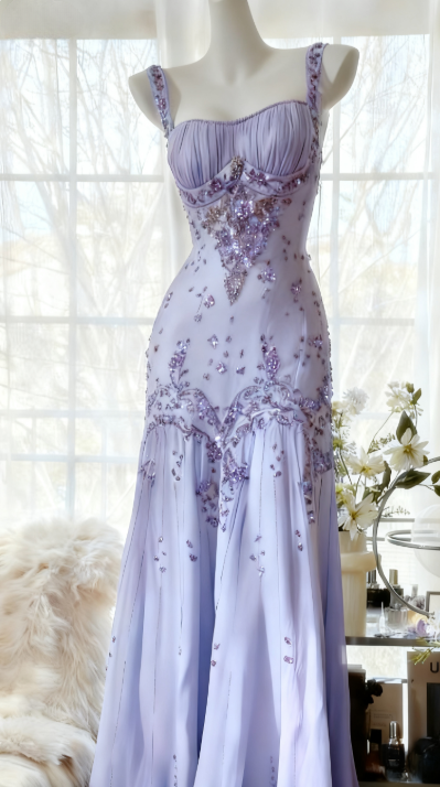 Luxury Straps Beaded Chiffon Long Prom Dress Open Back Formal Dresses