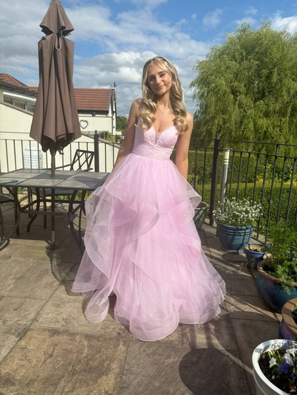 Shiny Pink Tulle Tiered A-line Prom Dress Straps Evening Gown