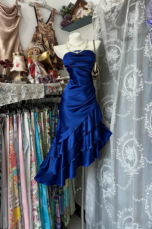 Champagne Strapless Satin Asymmetrical Maxi Ball Gown