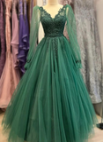 Green Tulle Long Sleeves A-line Party Dress with Lace,Princess Formal Dresses
