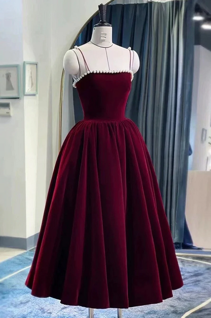 Velvet Tea Length Formal Dress, Velvet Wedding Party Dresses jkprom Velvet Tea Length Formal Dress, Velvet Wedding Party Dresses jkprom