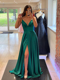 A Line V Neck Emerald Green Satin Prom Dresses,Formal Graduation Dress