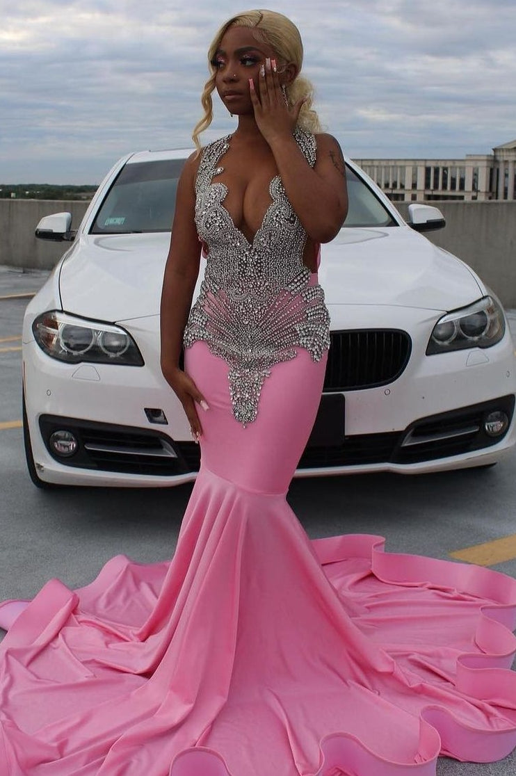 Elegant Pink Mermaid Court Train Prom Dresses with Silver Crystal Black Women