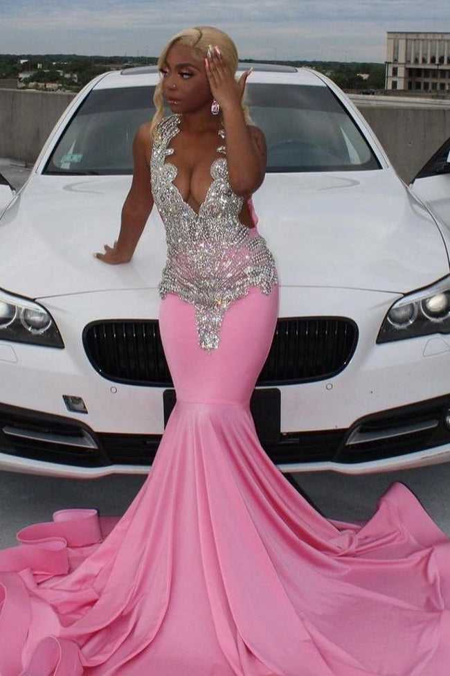 Elegant Pink Mermaid Court Train Prom Dresses with Silver Crystal Black Women