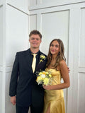 Best Yellow Spaghetti Straps Long Prom Dress With Slit