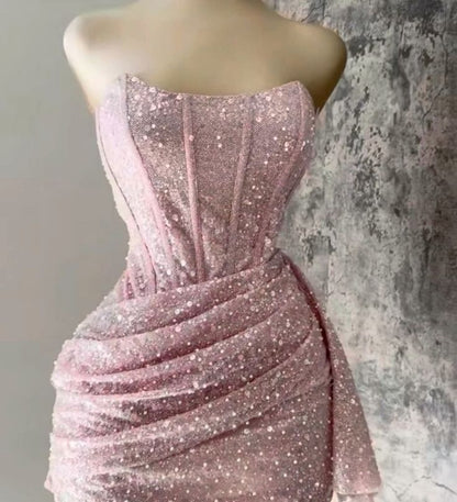 Pink Strapless Sequins Party Dress Mini Homecoming Dress Birthday Outfits
