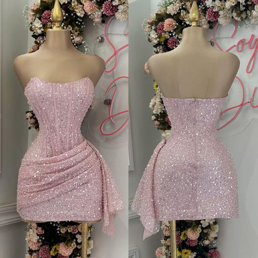 Pink Strapless Sequins Party Dress Mini Homecoming Dress Birthday Outfits