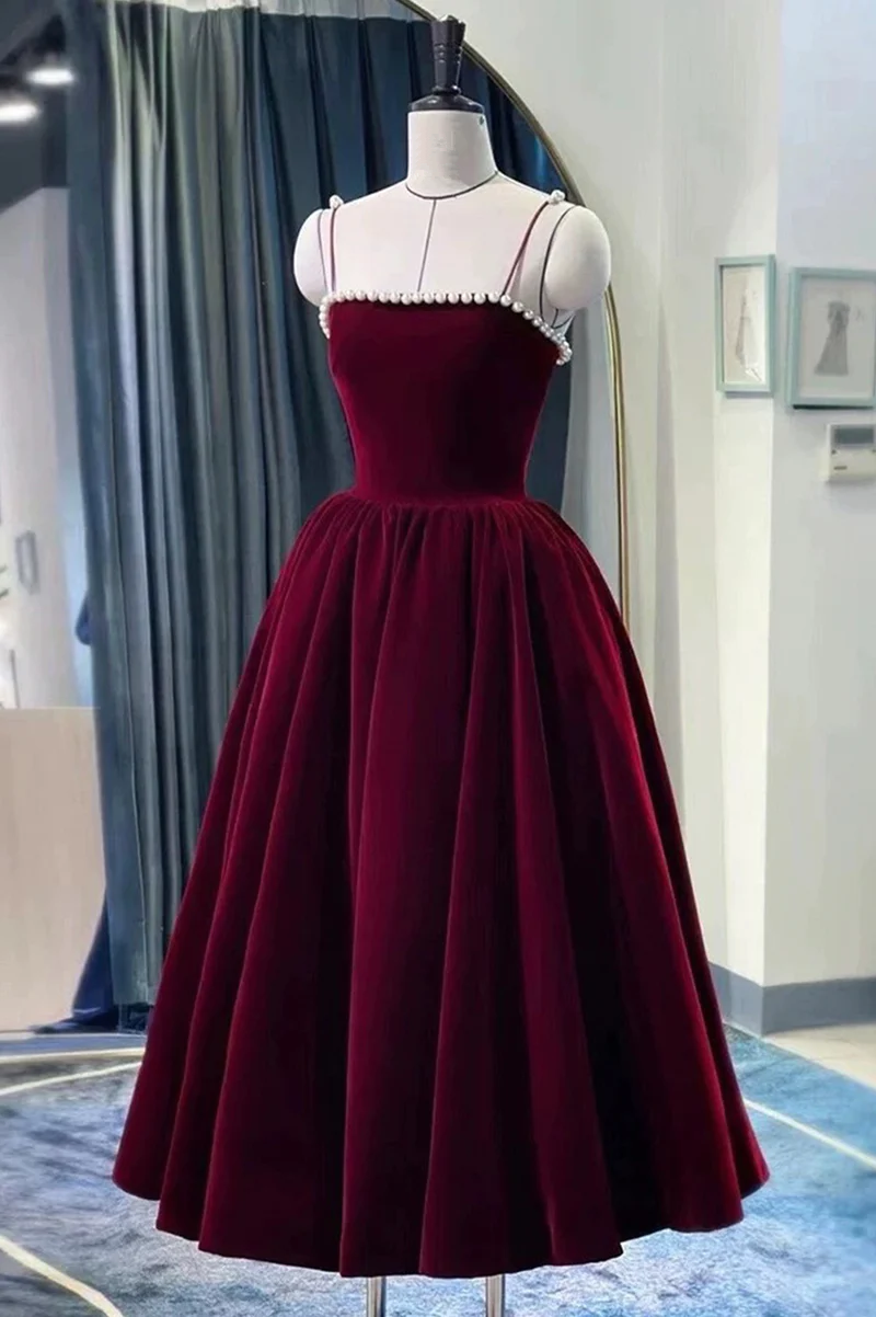Velvet Tea Length Formal Dress, Velvet Wedding Party Dresses jkprom Velvet Tea Length Formal Dress, Velvet Wedding Party Dresses jkprom