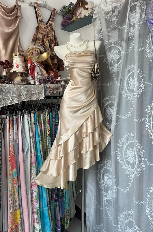 Champagne Strapless Satin Asymmetrical Maxi Ball Gown