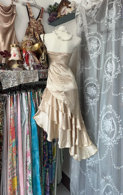 Champagne Strapless Satin Asymmetrical Maxi Ball Gown