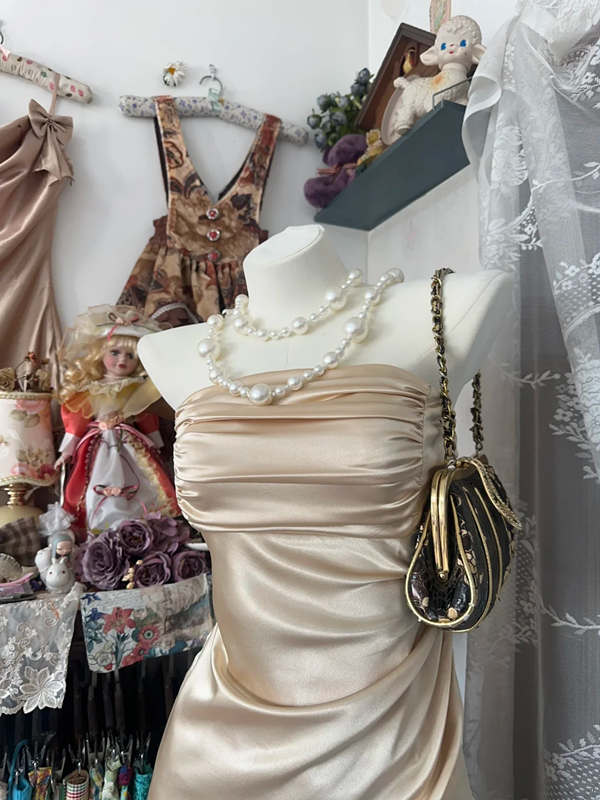 Champagne Strapless Satin Asymmetrical Maxi Ball Gown