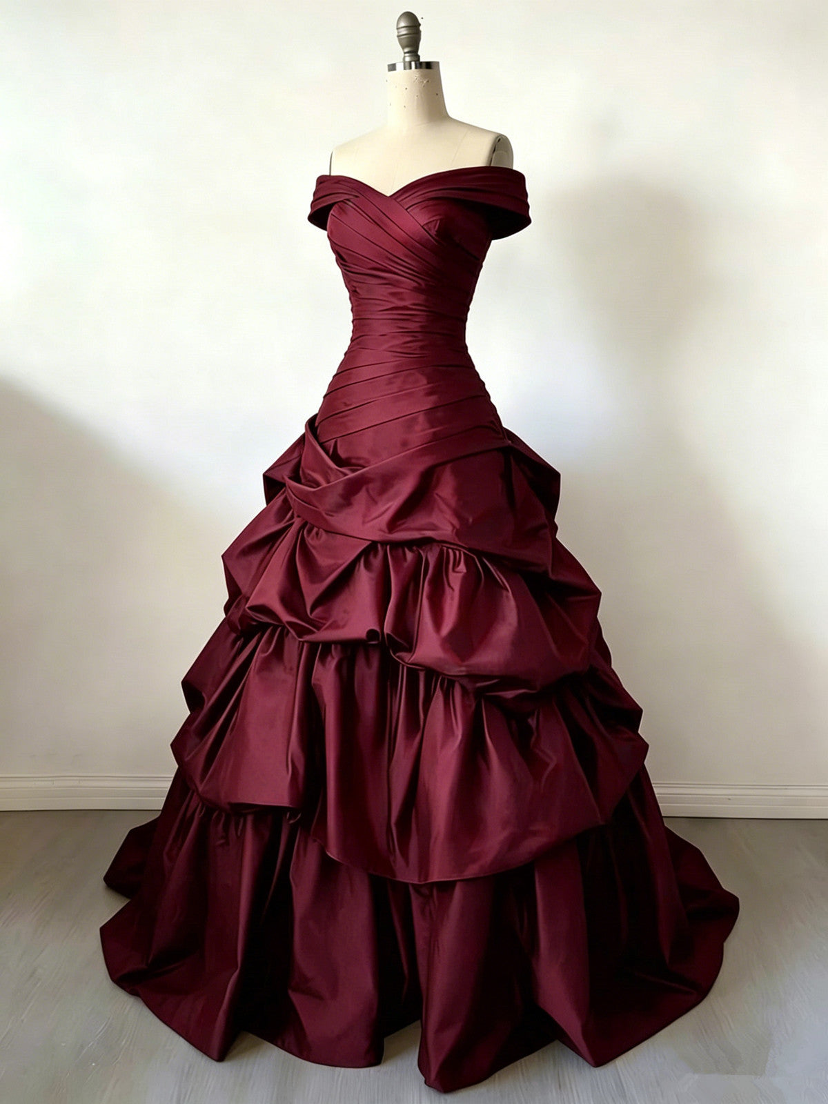 Wine Red Sweetheart Off Shoulder Tiered Prom Dress Gothic Sweet 16 Gown