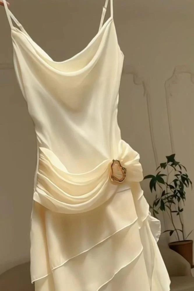 Spaghetti Straps Draped Cowl Neckline Chiffon Evening Gown Ruffled Asymmetrical Hemline