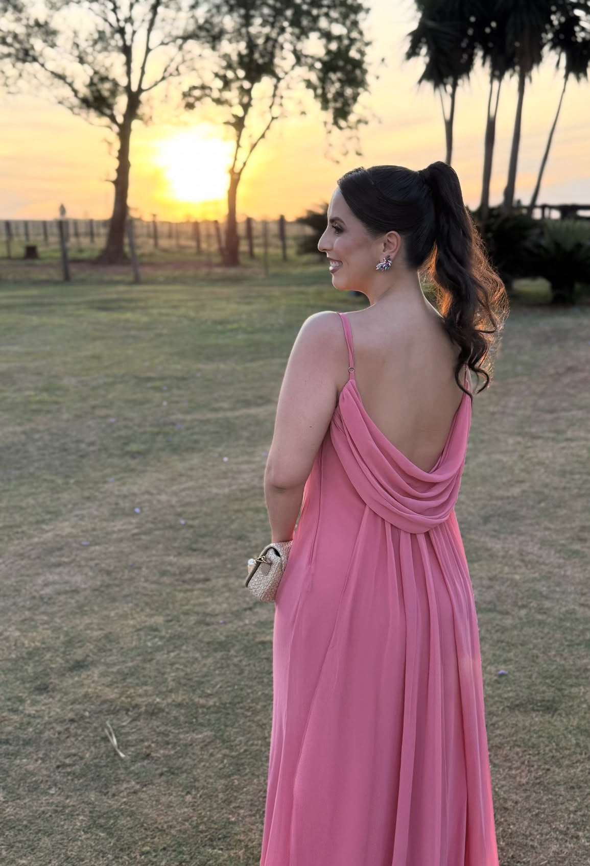 Pink Chiffon Wedding Guest Dress Spaghetti Straps Draped Neckline Maxi Dresses