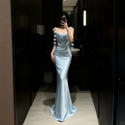 Gentle Blue Mermaid Formal Dress Outfits Spaghetti Strap Satin Long Evening Gowns